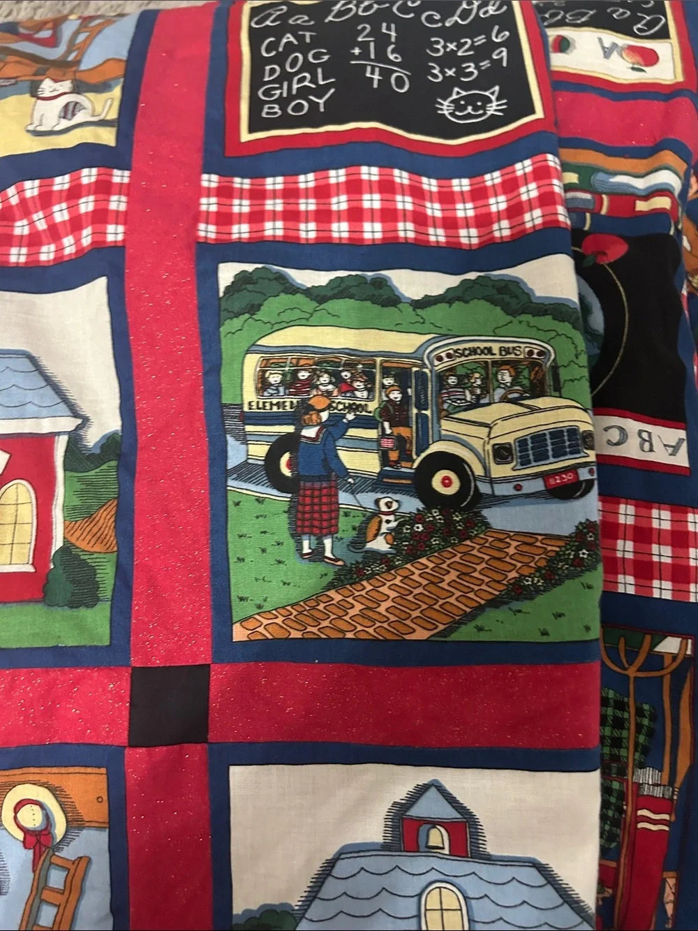 Schoolhouse Print Quilted Throw - Red & Blue. Full Quilt